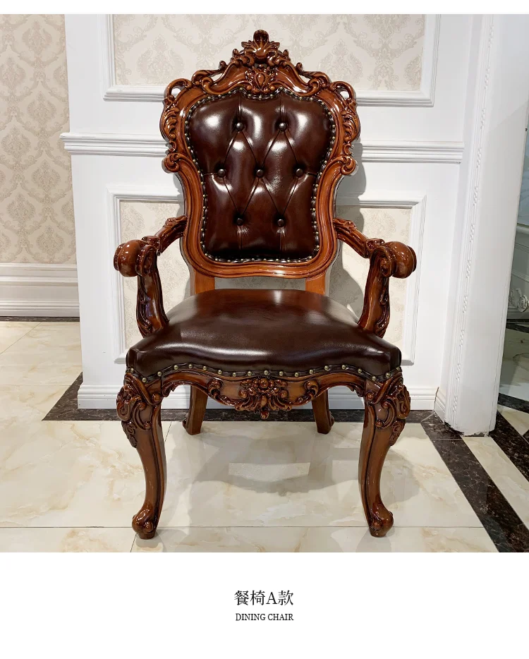 European-style all-solid wood dining table and chairs, living room, luxury villa home square table, French glass dining table