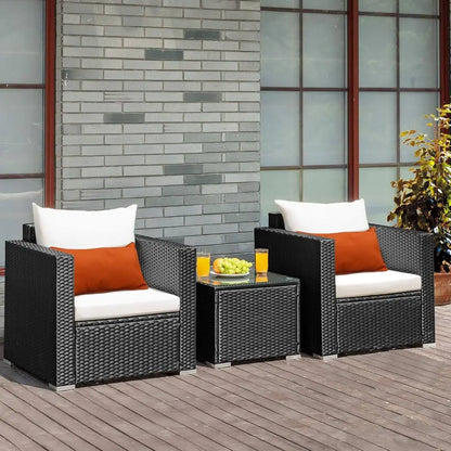 3 Pieces Patio Furniture Set, PE Rattan Wicker Sofa Set with Washable Cushion and Tempered Glass Tabletop, Outdoor or Garden Poo