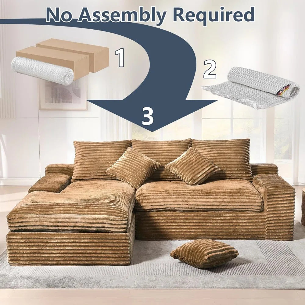 Luxury 98.8 Inch L-Shaped Sectional Sofa with Chaise, Plush Corduroy Cloud-Like Comfort for Home Living