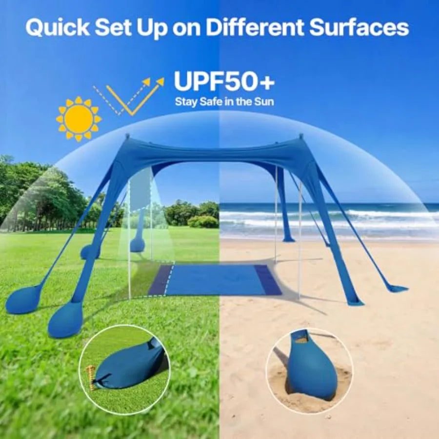 Beach Tent Sun Shelter with Sidewall Easy Set Up 10x10ft Beach Canopy Outdoor Sun Shade with UPF 50+UV Protection 8 Sandbags 4