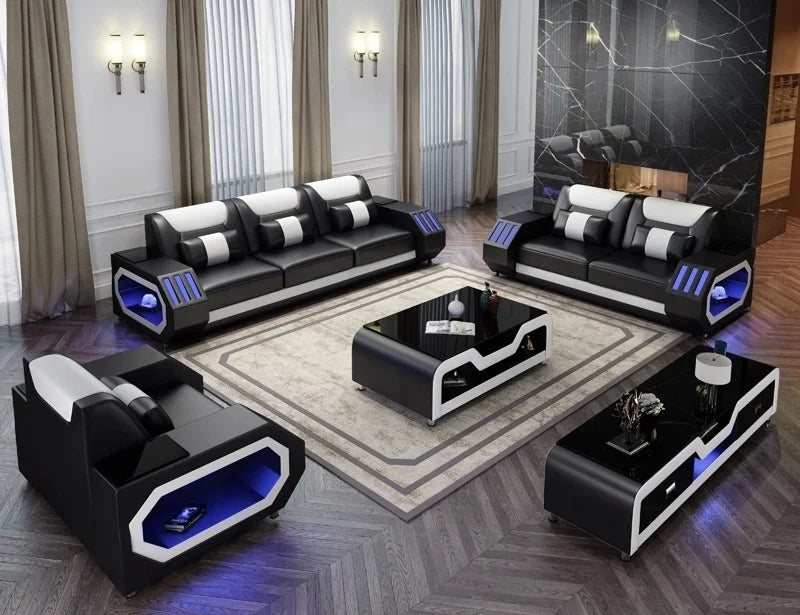 European Design Style LED Electric Sectional Sofa Set Top Microfiber Leather Home Furniture For Luxury Villa Living