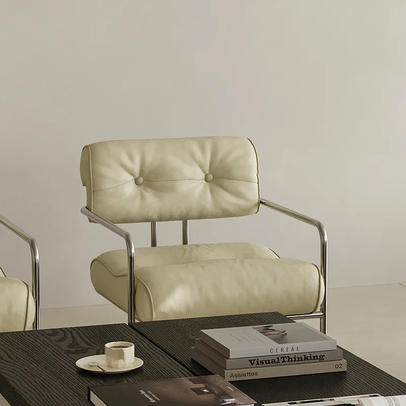 French light luxury stainless steel leather single sofa chair bedroom living room creative leisure chair cafe back dining chair