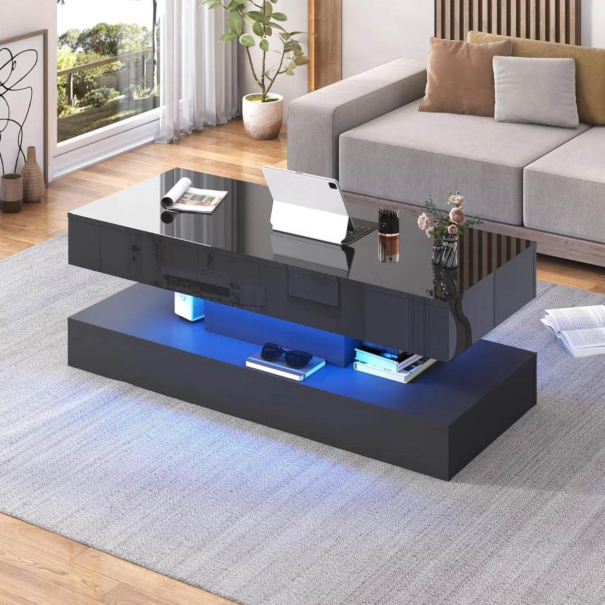 47.2' Lift Top Coffee Table, Modern LED Storage Table, Black for Living Room, Dining Room, Bedroom, Home Office