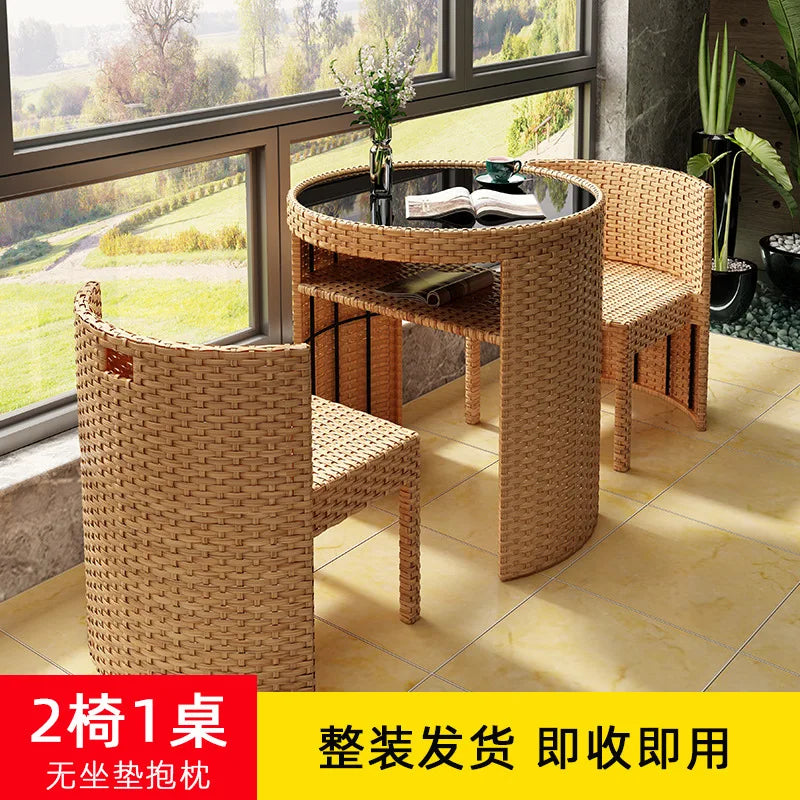 Balcony Small Table and Chair Tea Table and Chair Kit Outdoor Garden Combination Leisure Storage Rattan Knitting Small Table and