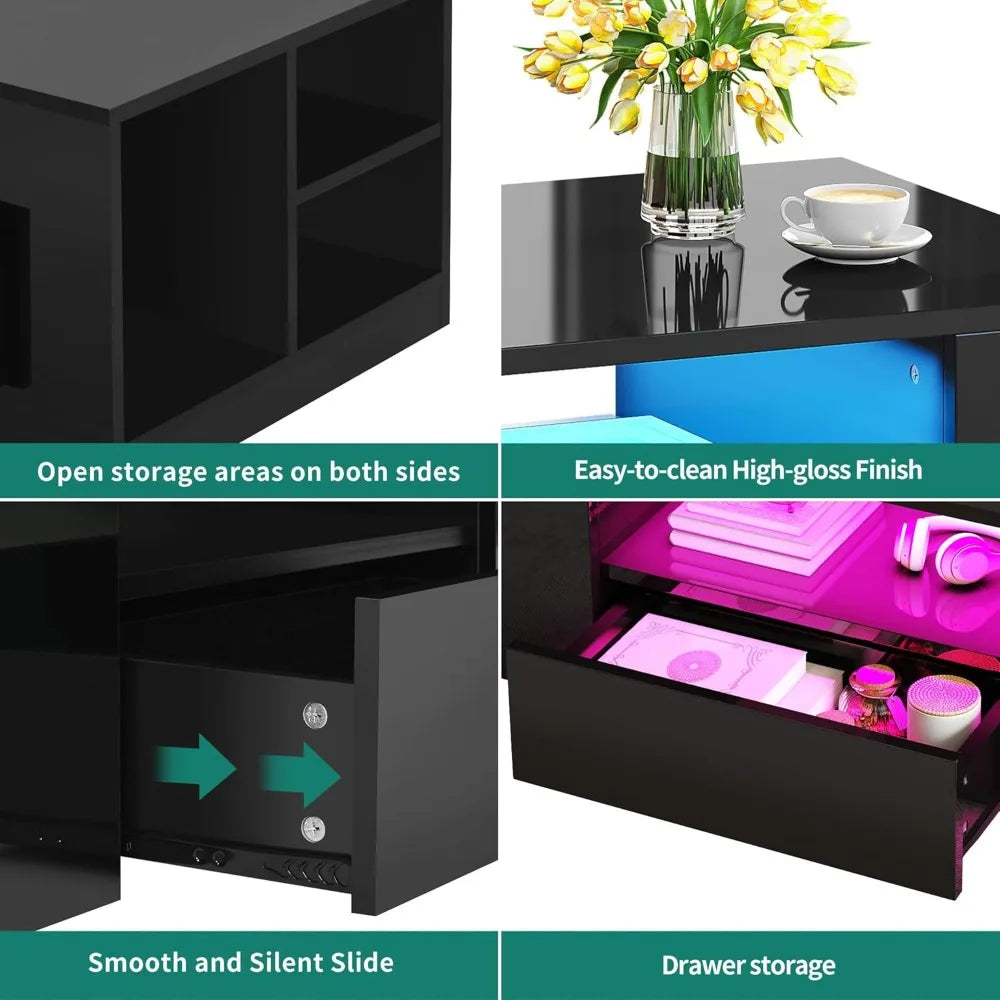 Contemporary LED Coffee Table with High Gloss Finish, Storage Drawers and Open Shelves for Living Room in Black Medium Size