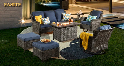 50,000 BTU Rectangular Propane Fire Pit Table 7-Piece High-Back Conversation Sofa and Matching Side Table,Grey Rattan Denim Blue