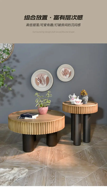 New arrivals pastoral style living room furniture rustic round wood carved coffee table with 3 legs