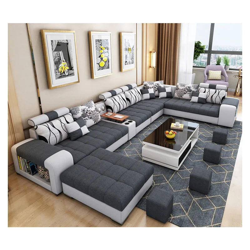 Modern Fabric Sofa Set Furniture Living Room Sofa Set with USB and Stools U Shape Cloth Couch Sofas for Home Furniture 1903