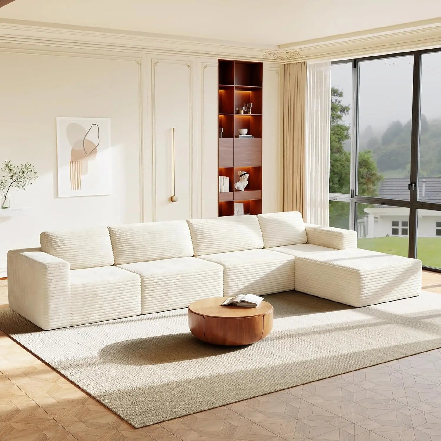 97" L-Shape Modular Sofa, 3-Seat Corduroy Couch with Movable Ottoman, Sectional Sofa for Living Room, Green, Customized