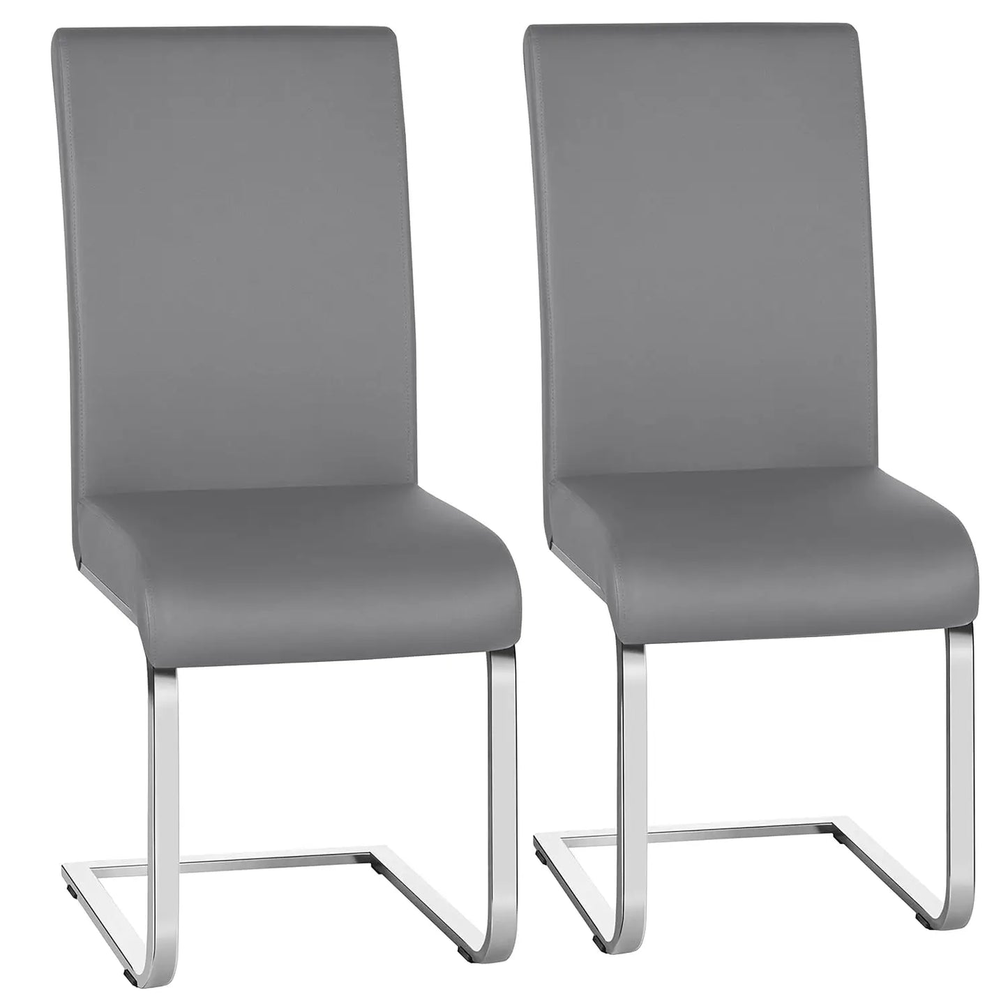 Set of 2 Chrome Metal Finish Side Chairs, Gray-Taupe Faux Leather Upholstery, Casual Dining Furniture