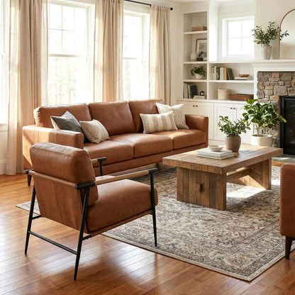 Mid-Century Leather Accent Chair Brown Modern Living Room Chair with Metal Legs Armchair Upholstered Comfy Leisure, Customized