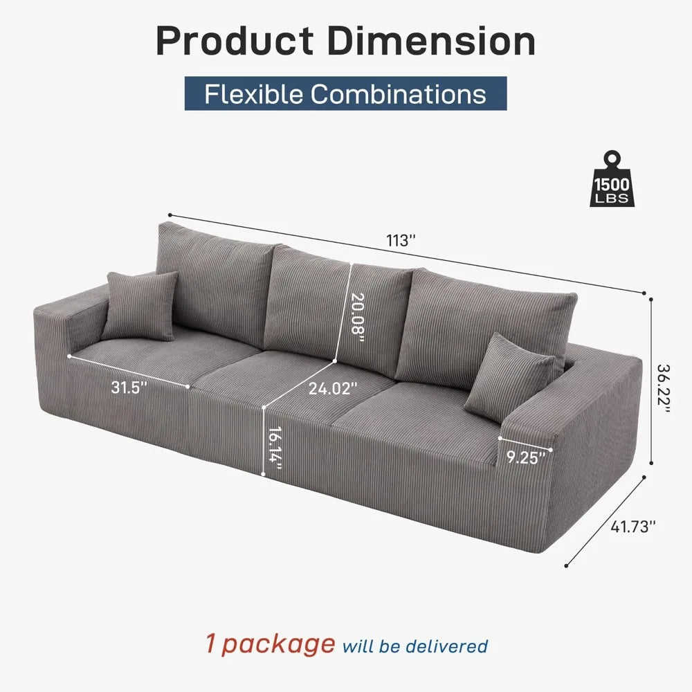 Cloud Boneless Sofa Couches for Living Room-113'' Gray 3 Seater Lounge Modern Sleeper Couch-No Assembly Required