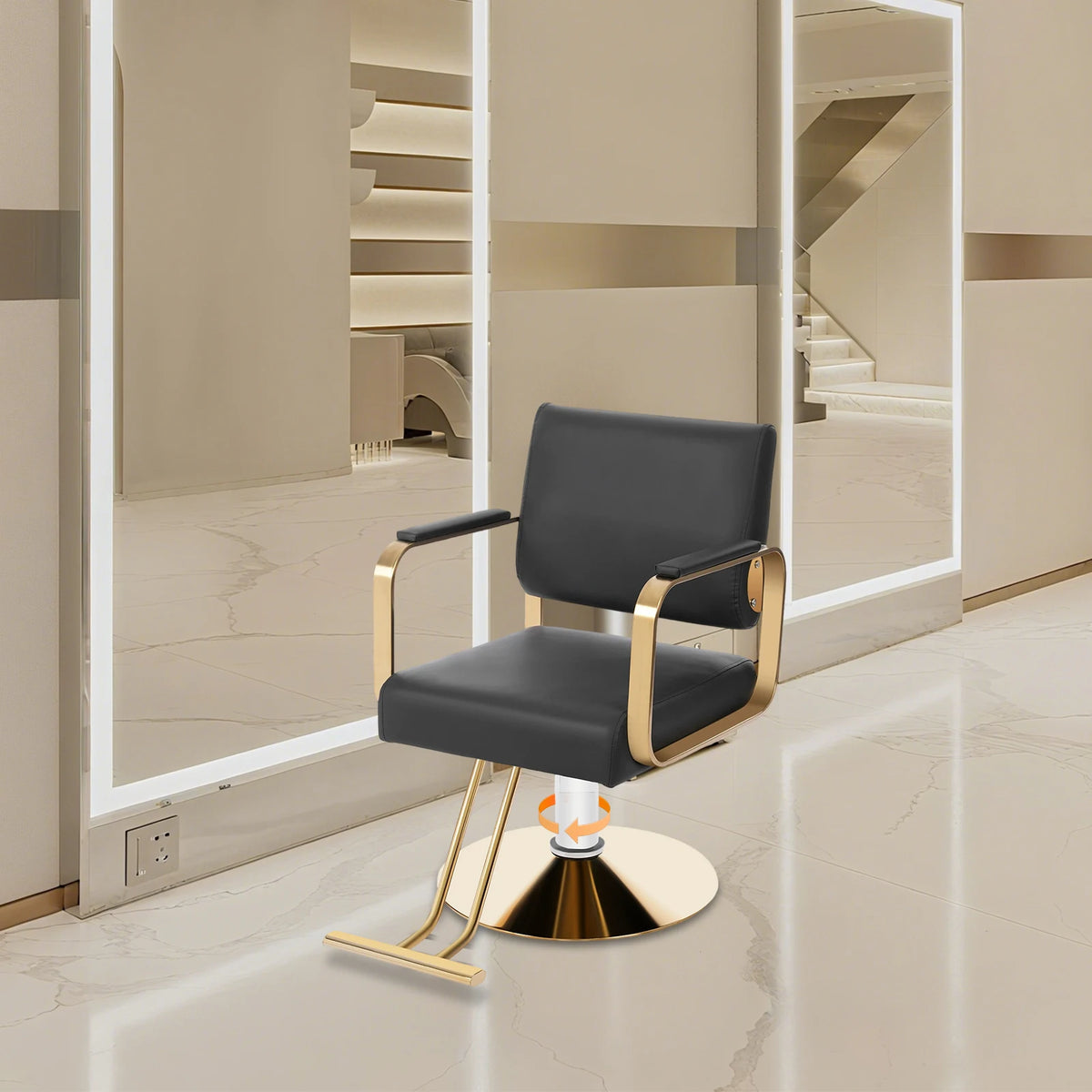 360-Degree Rotating Chair In The Hair Salon 440.92lbs Load 31.9-35.4in Height Black Golden Suitable For Salons Barber Shops Spas