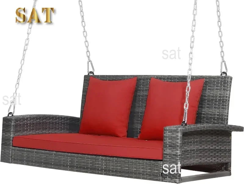 l Hanging Porch Swing, 2-Person Outdoor Wicker Swing Chair Bench With Cushions, Steel Chains For Garden, Backyard, Deck L