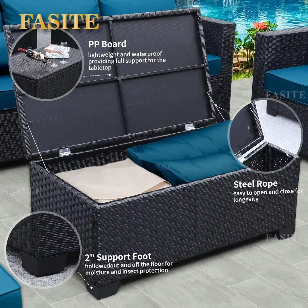 Patio Furniture Sets,  6 Pieces Couch Outdoor Chairs Coffee Table Peacock Blue Anti-Slip Cushions, Outdoor Furniture Sets