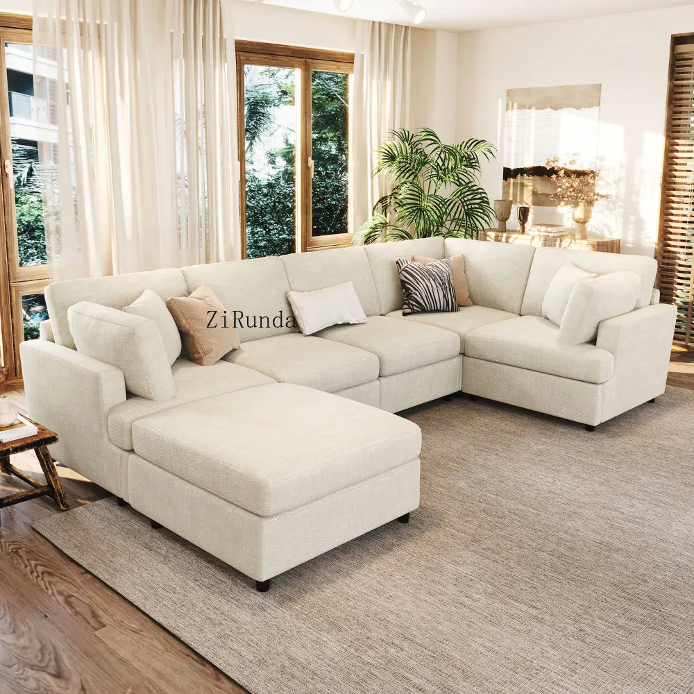 127 inch U-shaped segmented sofa with movable Ottoman style, 6-piece set of chenille fabric sofa