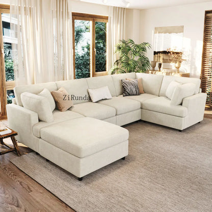 127 inch U-shaped segmented sofa with movable Ottoman style, 6-piece set of chenille fabric sofa
