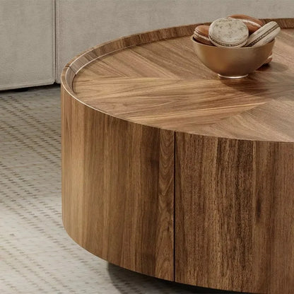 Simple living room coffee table, round wooden coffee table, wooden center, coffee table with drawers