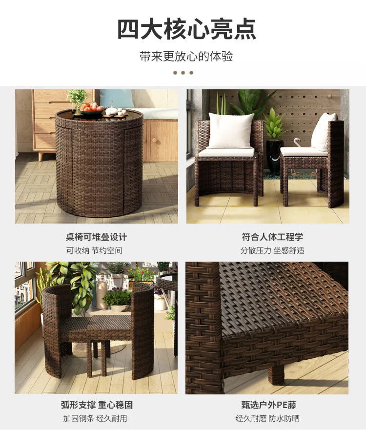 Balcony Small Table and Chair Tea Table and Chair Kit Outdoor Garden Combination Leisure Storage Rattan Knitting Small Table and