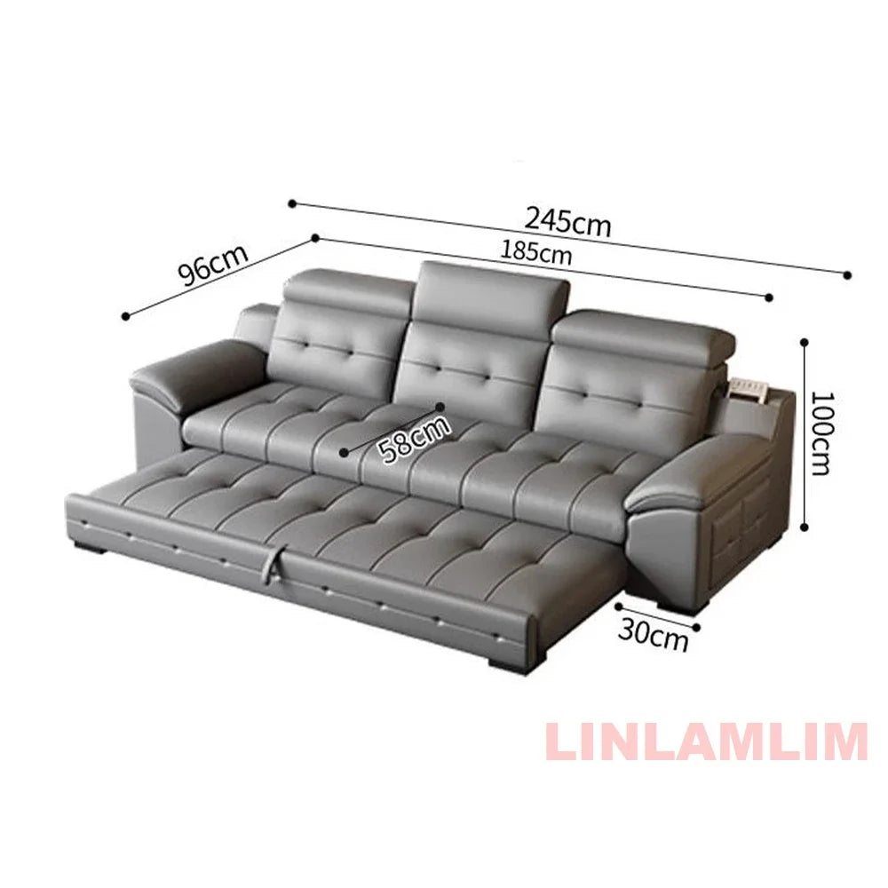 Electric Reclining Sectional Sofa Bed with Cup Holder & Adjustable Headrests – Italian Genuine Leather Convertible Sleeper Couch