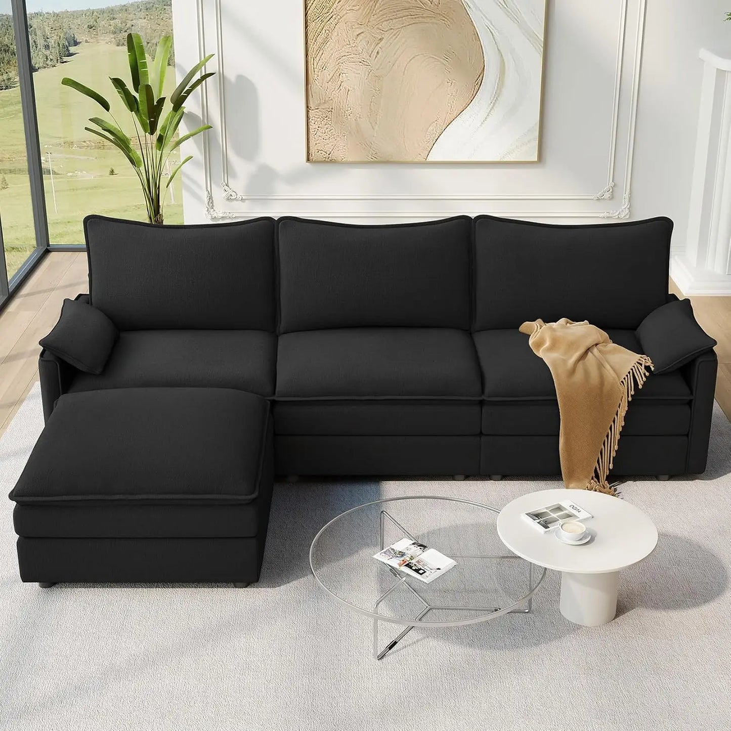 108" L-Shaped Chenille Cloud Sectional Sofa, Deep Seat Modular Couch with Movable Ottoman, Customized