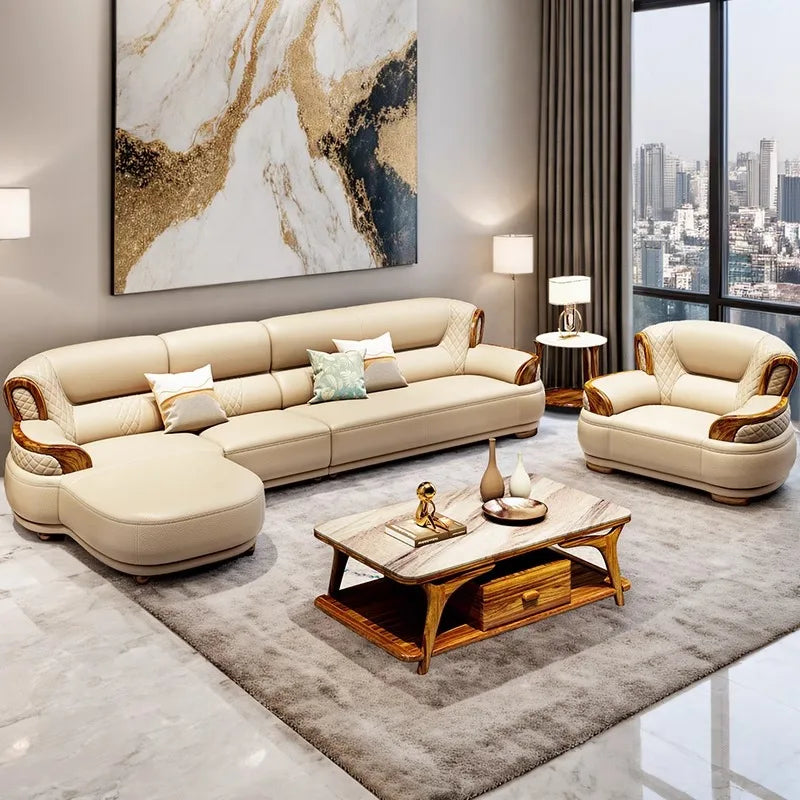 New Chinese style, leather, sofa, corner, modern, simple, solid wood, light luxury, living room