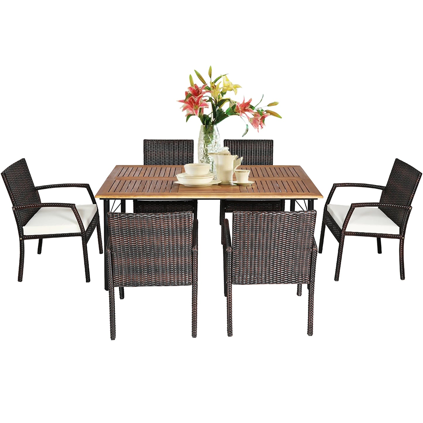 7PCS Patio Rattan Dining Set Chair Wooden Table Top W/Umbrella Hole