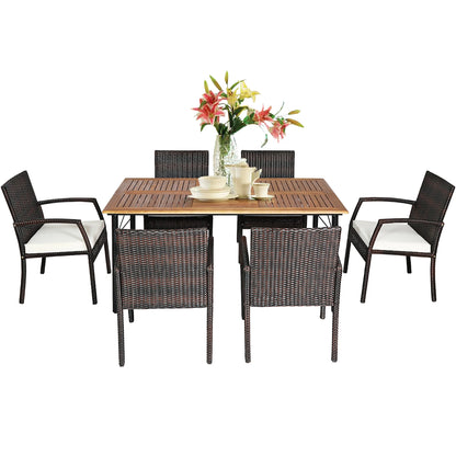 7PCS Patio Rattan Dining Set Chair Wooden Table Top W/Umbrella Hole