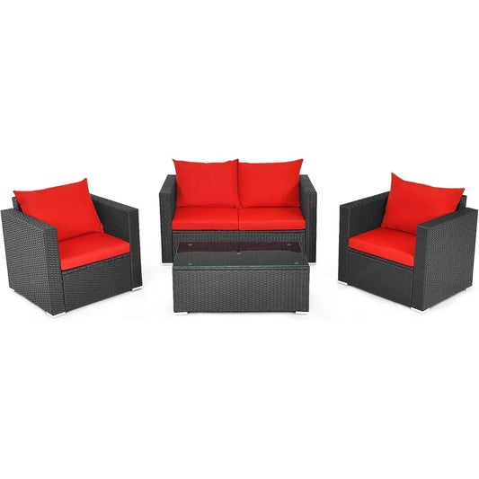 4-Piece Patio Rattan Furniture Set, Cushioned Sofa Chair, Loveseat and Coffee Table with Tempered Glass Top, Outdoor Conversati