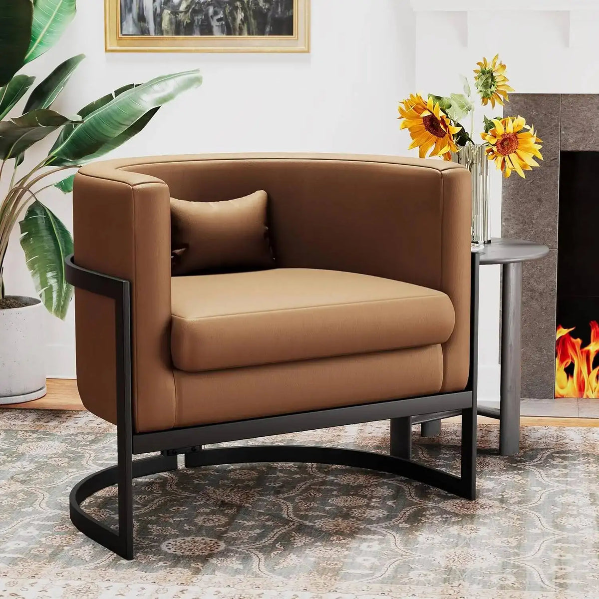 Velvet Upholstered Accent Chair with Gold Frame, Modern Barrel Armchair for Bedroom, Living Room, or Vanity Corner