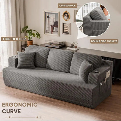 87” BonelSoa Couch with 2 Pillows Extra Deep Seats, Corduroy abric 3 Seater Soa or Living Room with Cup Holder & Storage ket Uph