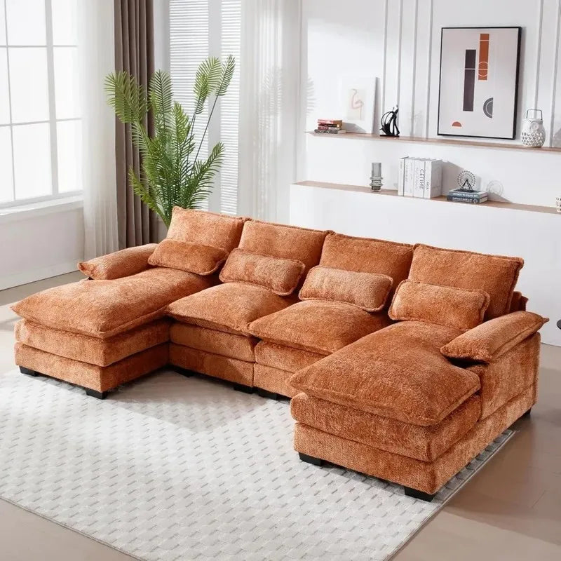 U-Shaped Sectional Sofa Couch, Modern Chenille, Comfy Modular Sleeper with Double Chaise, Memory Foam for Living Room