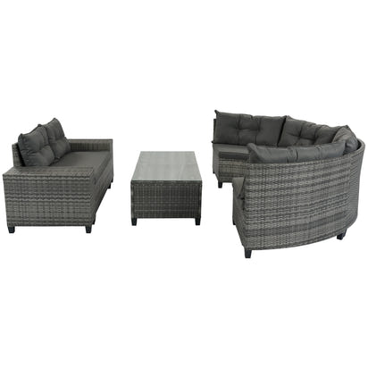 8-pieces Outdoor Wicker Round Sofa Set, Half-Moon Sectional Sets All Weather, Curved Sofa Set With Rectangular Coffee Table, PE