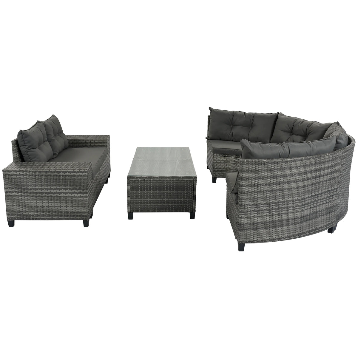 8-pieces Outdoor Wicker Round Sofa Set, Half-Moon Sectional Sets All Weather, Curved Sofa Set With Rectangular Coffee Table, PE