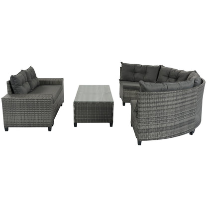 8-pieces Outdoor Wicker Round Sofa Set, Half-Moon Sectional Sets All Weather, Curved Sofa Set With Rectangular Coffee Table, PE