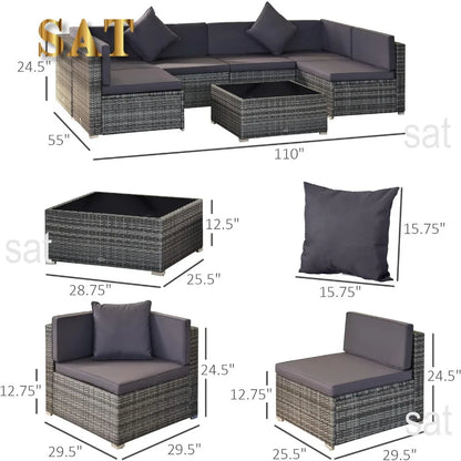 # l 7-piece outdoor furniture set, wicker dialogue set, all-weather rattan combination set, with cushion and tempered glass tabl
