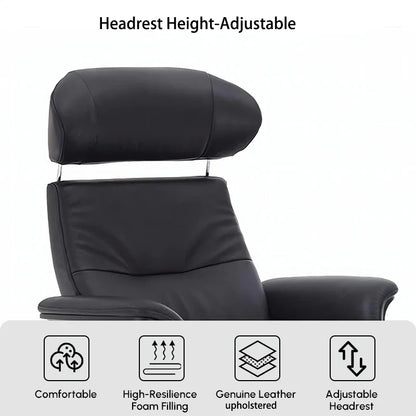 Modern Reclining Swivel Lounge Chair, With Walnut Black Genuine Leather, Ottoman Included