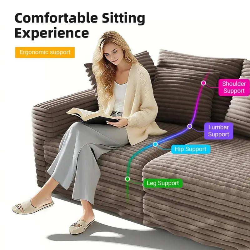 82.7" Plush Corduroy 3-Seat Sofa, Modern Comfy Upholstered Couch with Soft Pillows & 2 Ottomans, Convertible Lounge Chair for