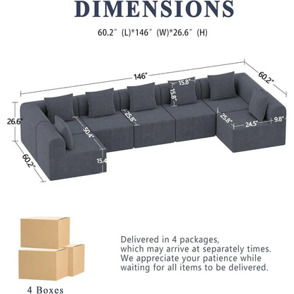 Modular Sectional Sofa for Living Room 160" Cloud Couch Down Filled U Shaped Couch with Ottoman Modern 6 Seater Convertible Sofa