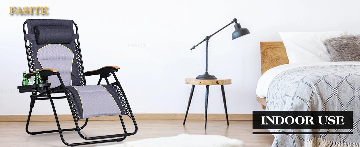 Padded Zero Gravity Lounge Chair Folding Patio Recliner with Adjustable Headrest & Cup Holder, Support 350 LBS (Grey)