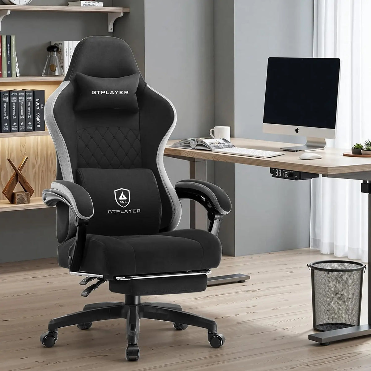 Office Chair, Gaming Computer Desk Fabric Chair with Footrest, High Back Ergonomic Office Chair with Pocket Spring Lumbar Suppor