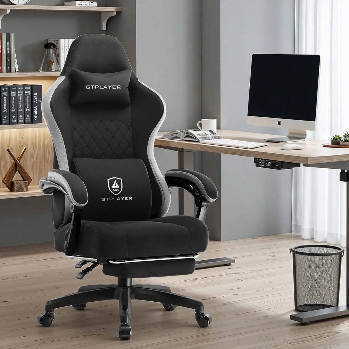 Office Chair, Gaming Computer Desk Fabric Chair with Footrest, High Back Ergonomic Office Chair with Pocket Spring Lumbar Suppor