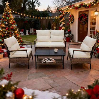 Outdoor Patio Furniture Set, Outdoor Conversation Set, Rattan Wicker Sofa, Loveseat, 2 Patio Chairs and Coffee Tabl