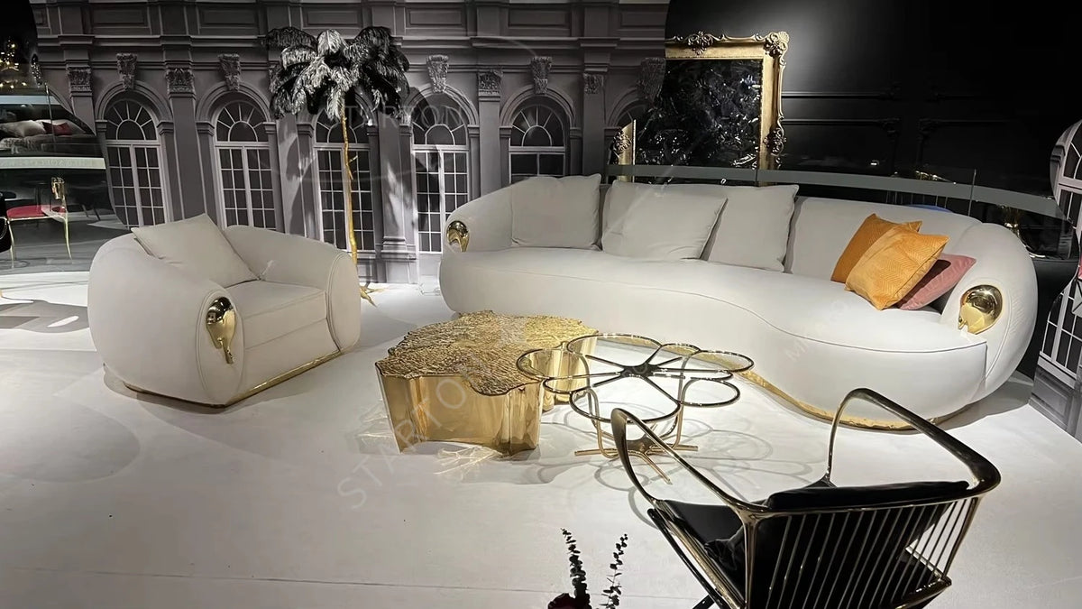 Luxury Modern Designs Living Room Furniture White Beige Hammered Brass Latest Sofa Set