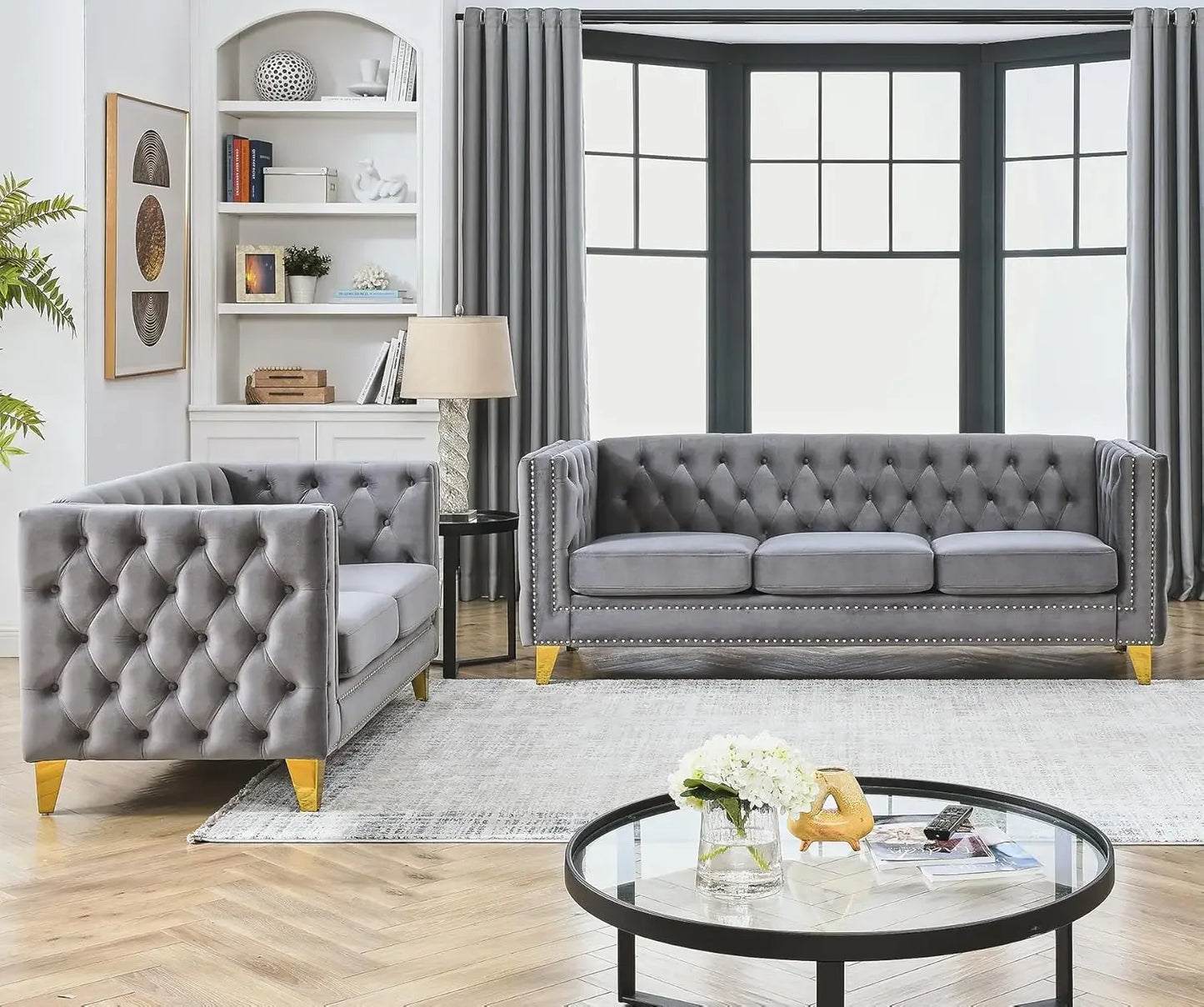 [Best Seller!]Velvet Living Room Sofa Set of 2, Comfy Loveseat and 3 Seater Couch, Modern Sofa with Tufted Back and Rivet Decora