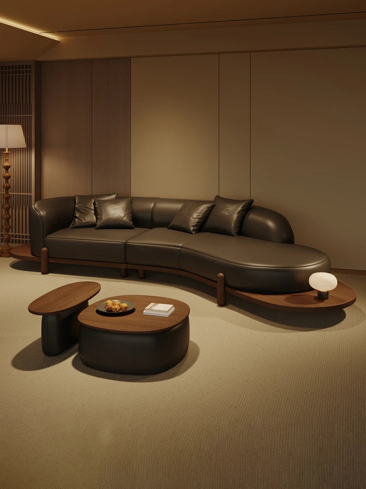 Log wind special-shaped corner sofa leather light luxury high-end sense Song-style aesthetics simple modern living room 2025 new