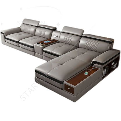 Stylish  Leather Sofa for Living Room with Cup Holder, USB, Adjustable Headrests & Bluetooth Speaker
