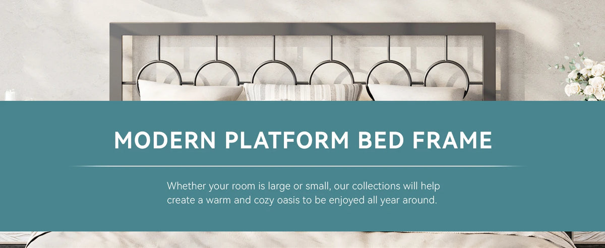 HOOMIC Metal Platform Bed Frame with Vintage Circular Design Headboard and Footboard, Extra Under-Bed Storage Allewie