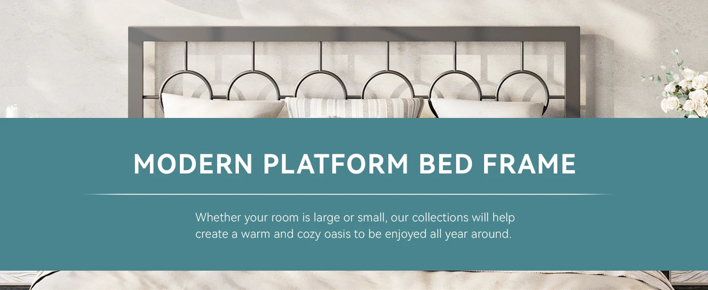 HOOMIC Metal Platform Bed Frame with Vintage Circular Design Headboard and Footboard, Extra Under-Bed Storage Allewie