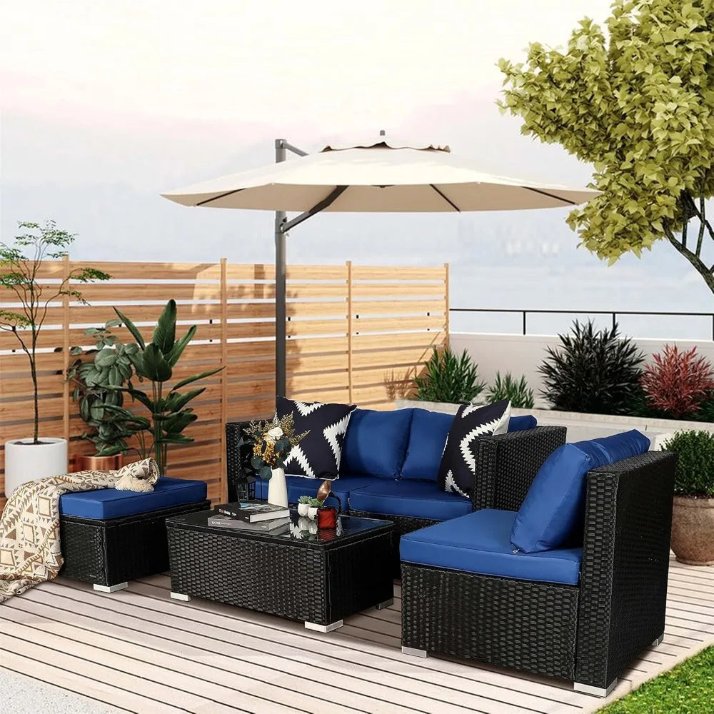 5-Piece Modern Blue PE Rattan Patio Furniture Set, Outdoor Living Room Sets, Patio Furniture
